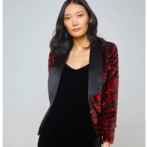 NWT $725 L'agence Yuna Sequin Blazer In Tango Red/black Zebra Stripe